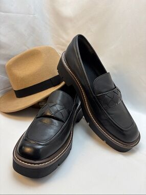 Nordstrom‎ Women’s Sz9.5M Black Leather Woven Penny Loafers #307